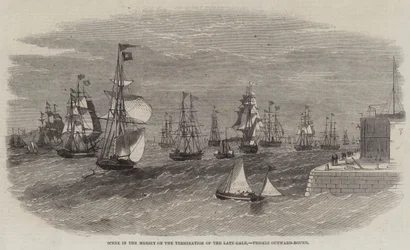 Scene in the Mersey on the Termination of the Late Gale, Vessels Outward-Bound